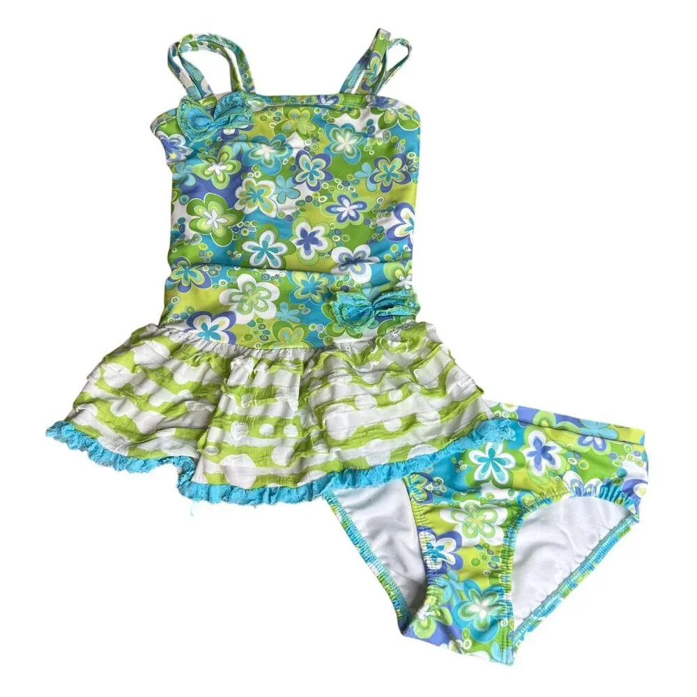 Frankie & Daisy 2 Piece Swimsuit Girls Size 6X Retro Floral‎ Ruffle Tankini